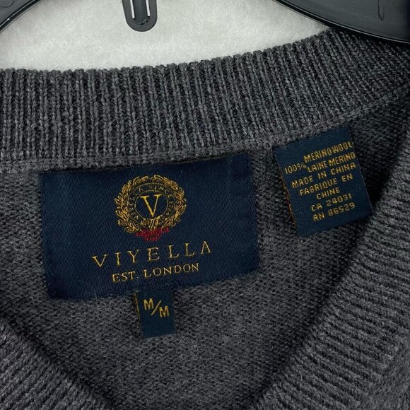Viyella Sweater Men's M Dark Gray 100% Merino Wool Long Sleeves V Neck Pullover - Picture 10 of 11